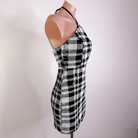 Dear Moon Plaid Sequin Tie Halter Mini Dress Retro Y2K HOCO Juniors 1 XS NWT - Picture 6 of 13